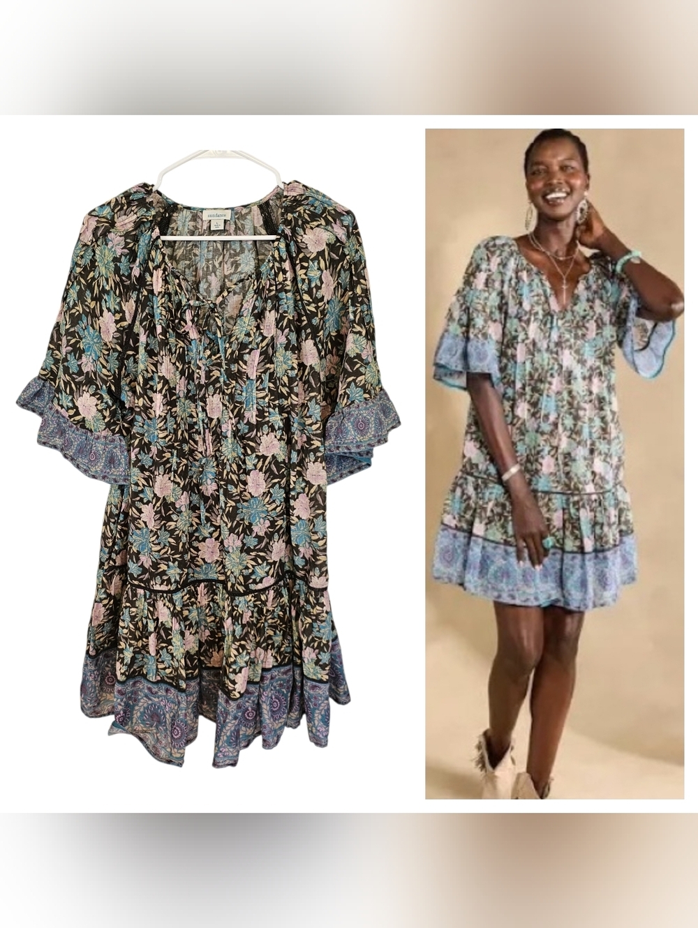 Sundance Aisha Floral Mini Sqing Dress Bell Short Sleeve Mixed Florals Flowy